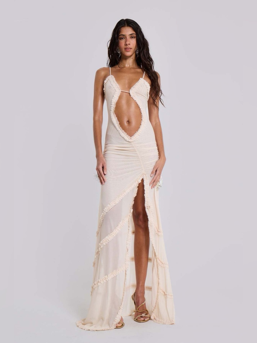 Jaded London Ivory Cutout Ruffle-Trim Maxi Dress